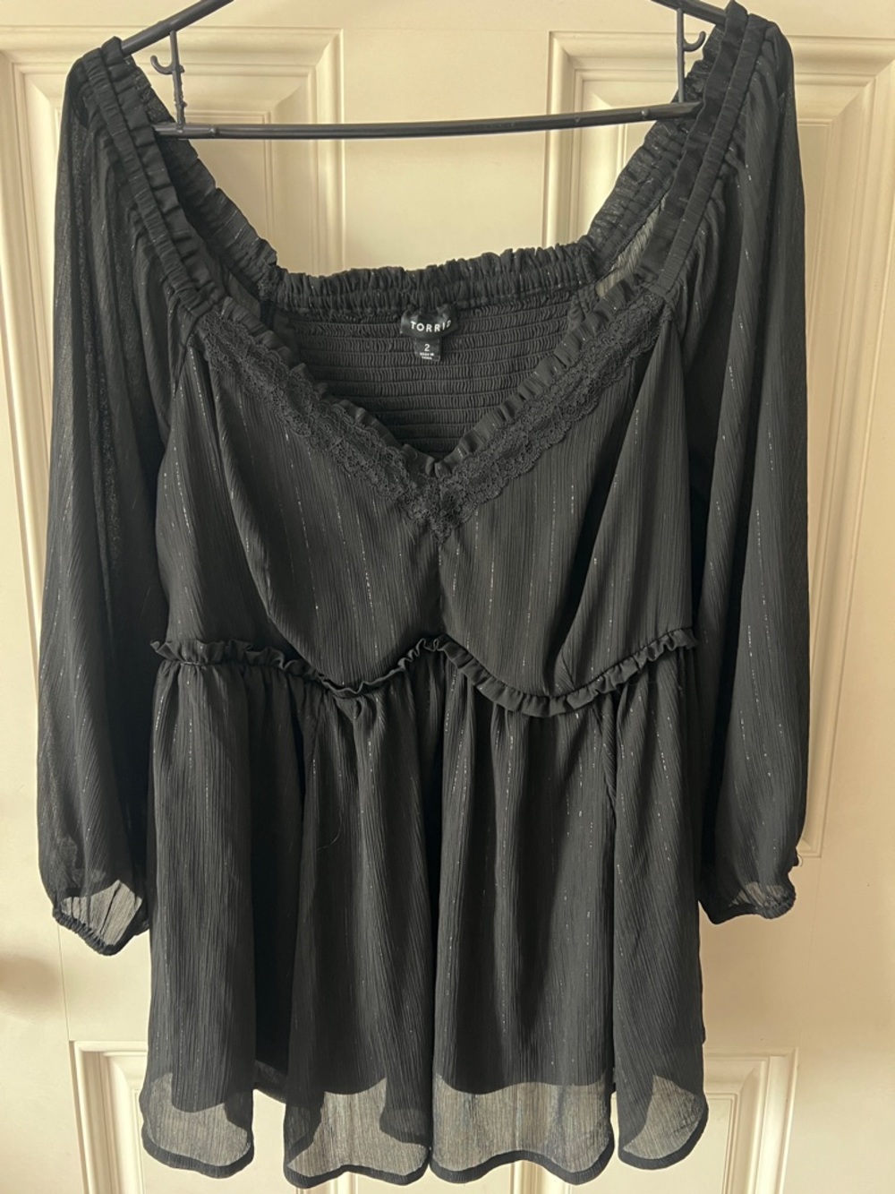 torrid Black Ruffled Peasant Tunic with Subtle Metallic Stripe